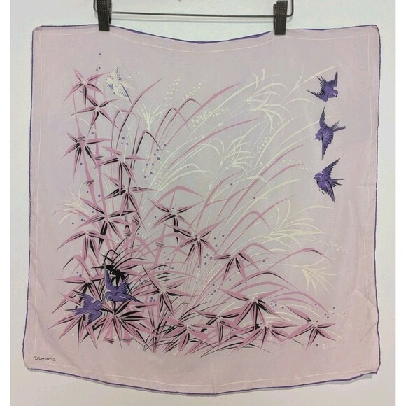 Vintage MCM Chiffon Silk Scarf SIMONE Japan 22" x 22 " Pink Purple Birds Flower - Picture 1 of 5